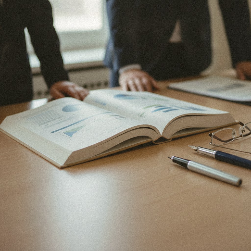 An open printed policy report with charts