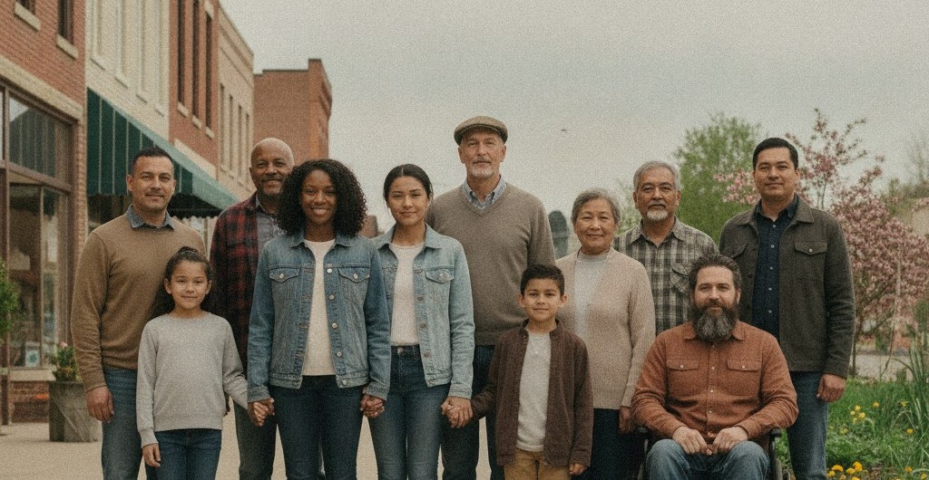 A cross-section of Americans of different ages and races standing together