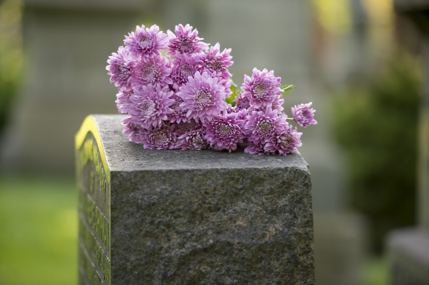 Flowers on a rock-pitch granite memorial