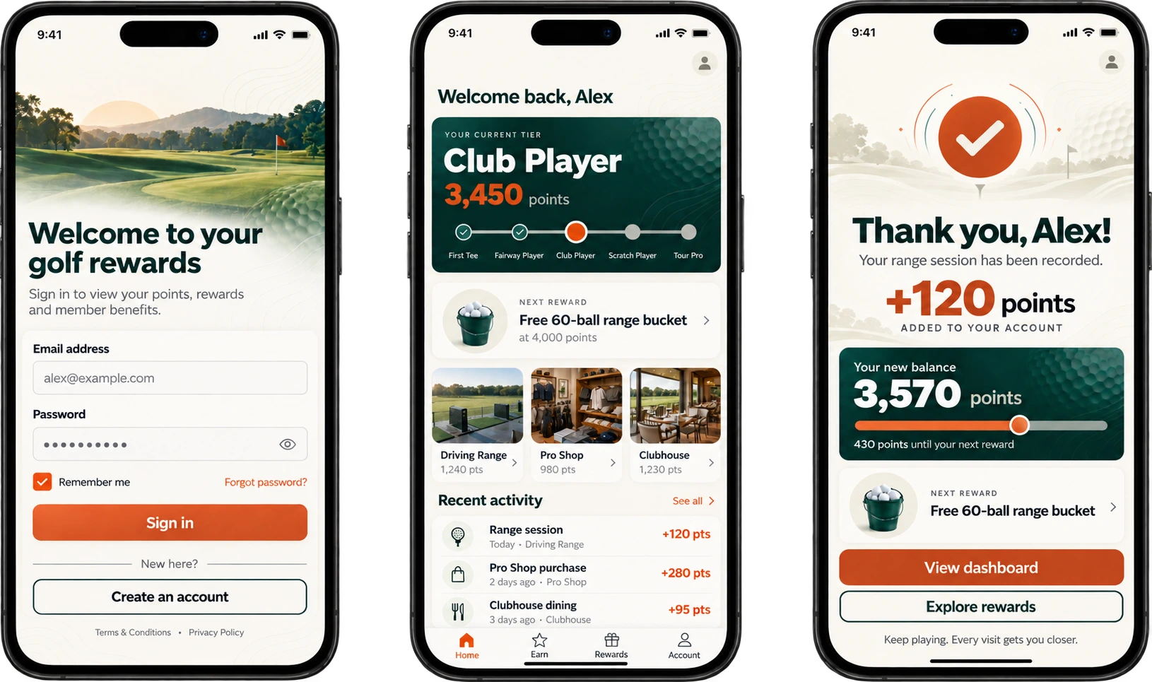 Swing Factory loyalty portal showing member sign-in, points and tier dashboard, and a 120-point reward confirmation.