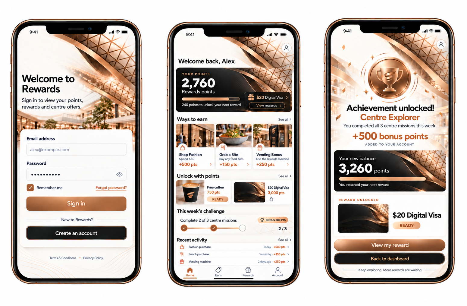 Loyalty portal with member login, points dashboard and achievement rewards