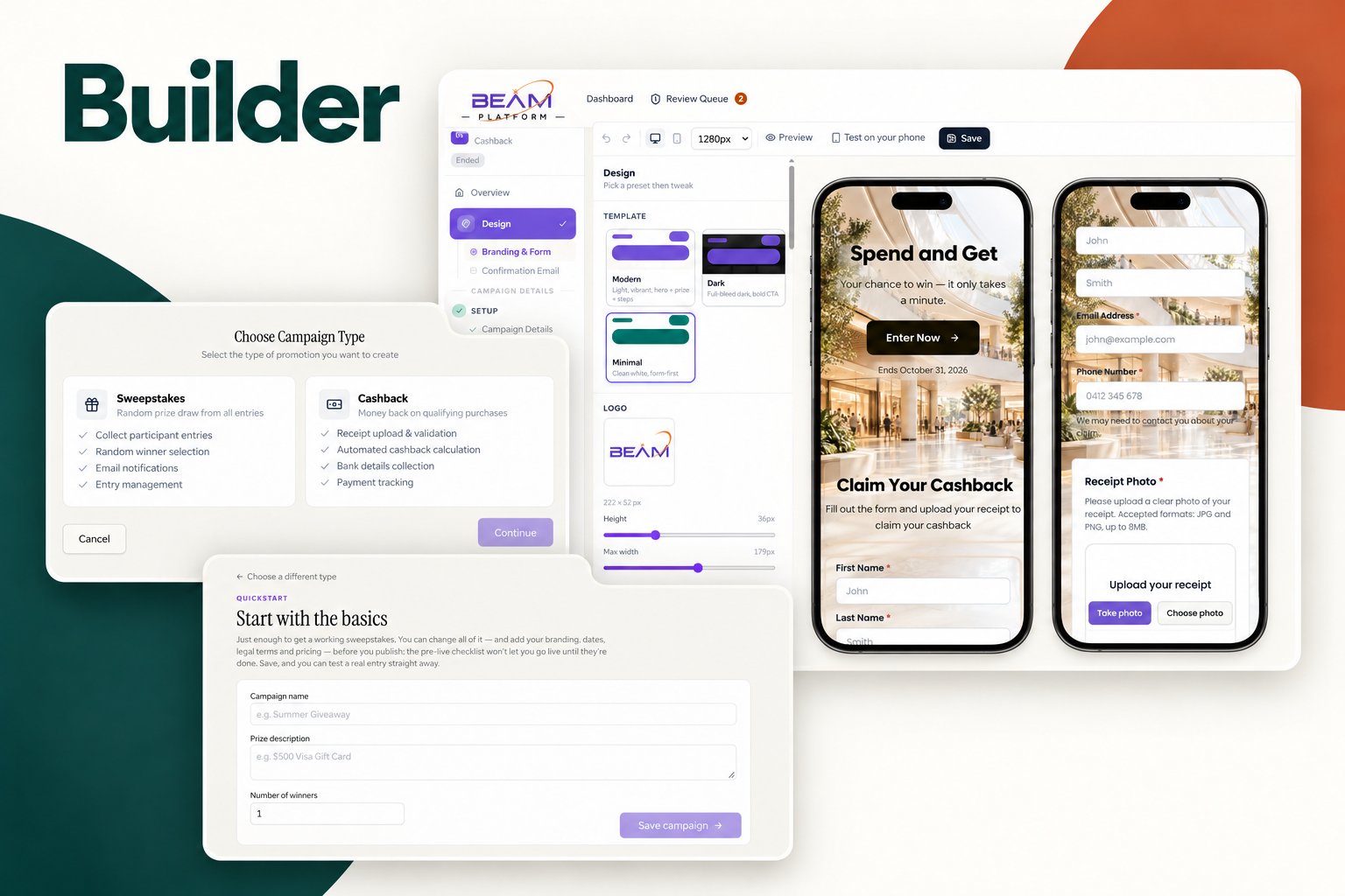 Builder: choose a campaign type, configure promotion details and design a branded entry form