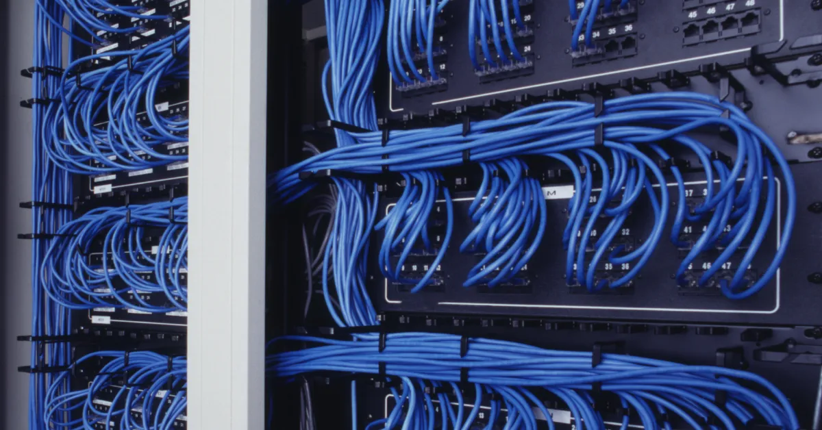 Neatly patched blue network cables in a rack