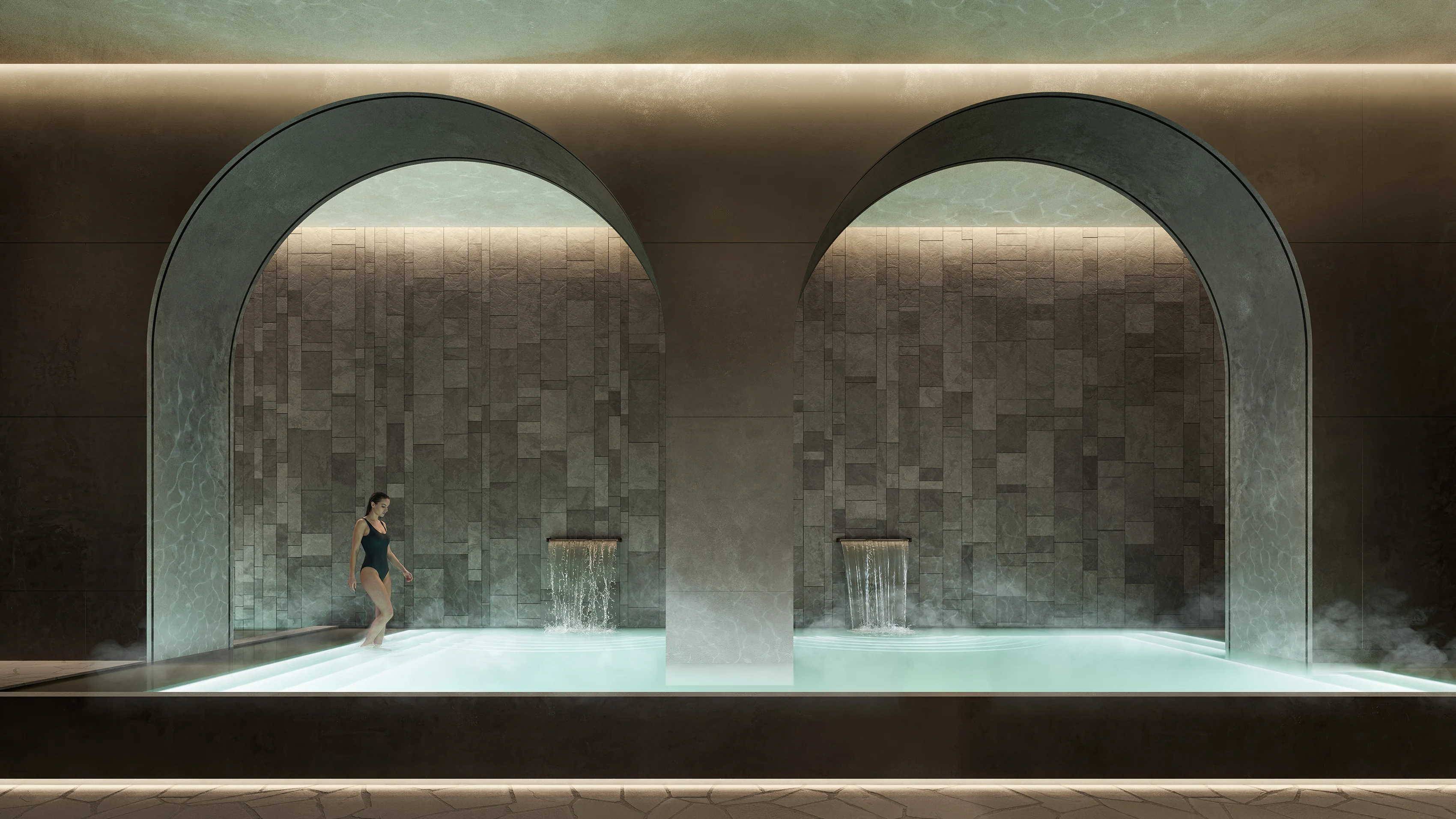 SPA — vista completa de la piscina con dos arcos