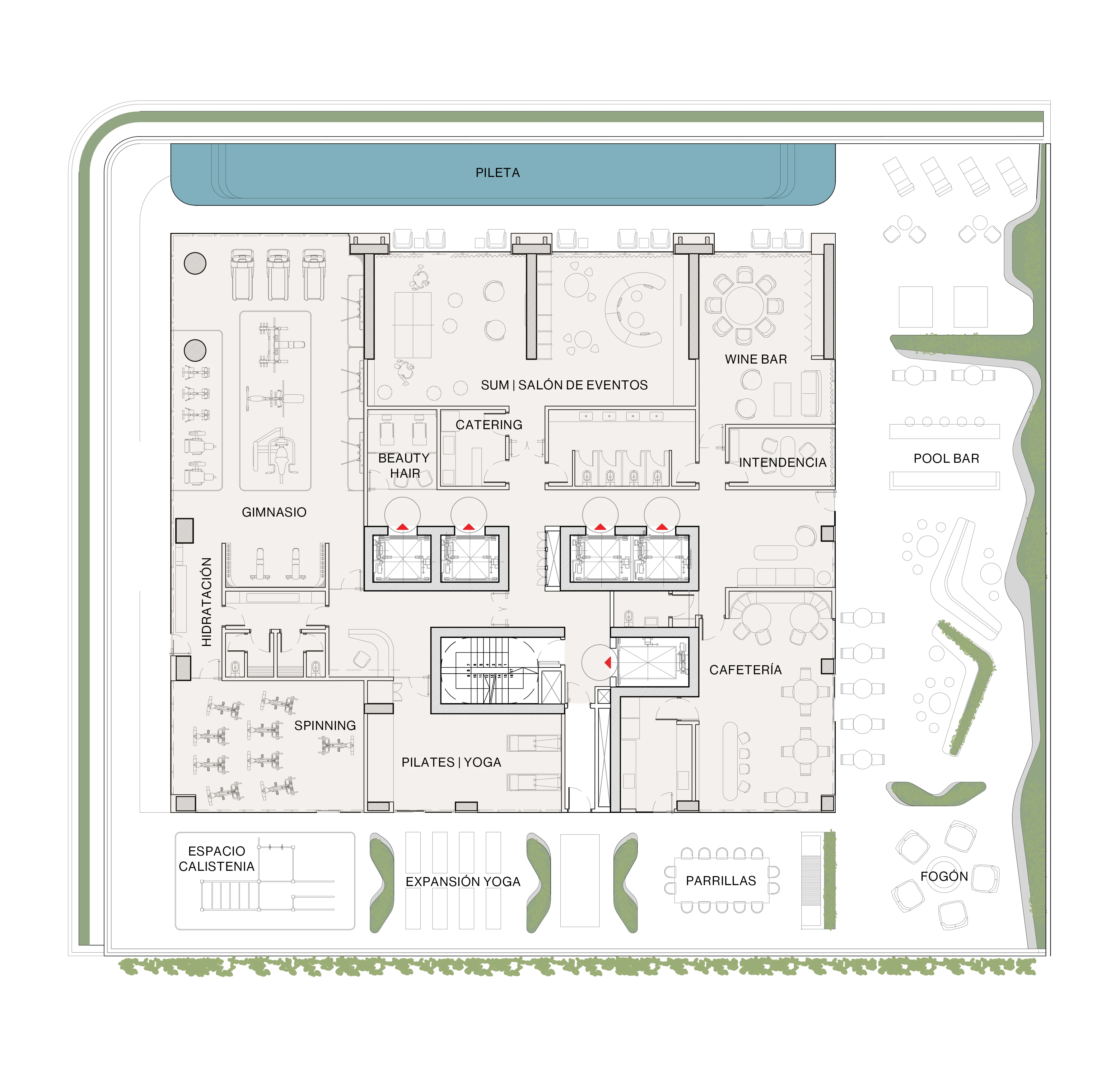 UNICA Rosario — plano de amenities en nivel 5