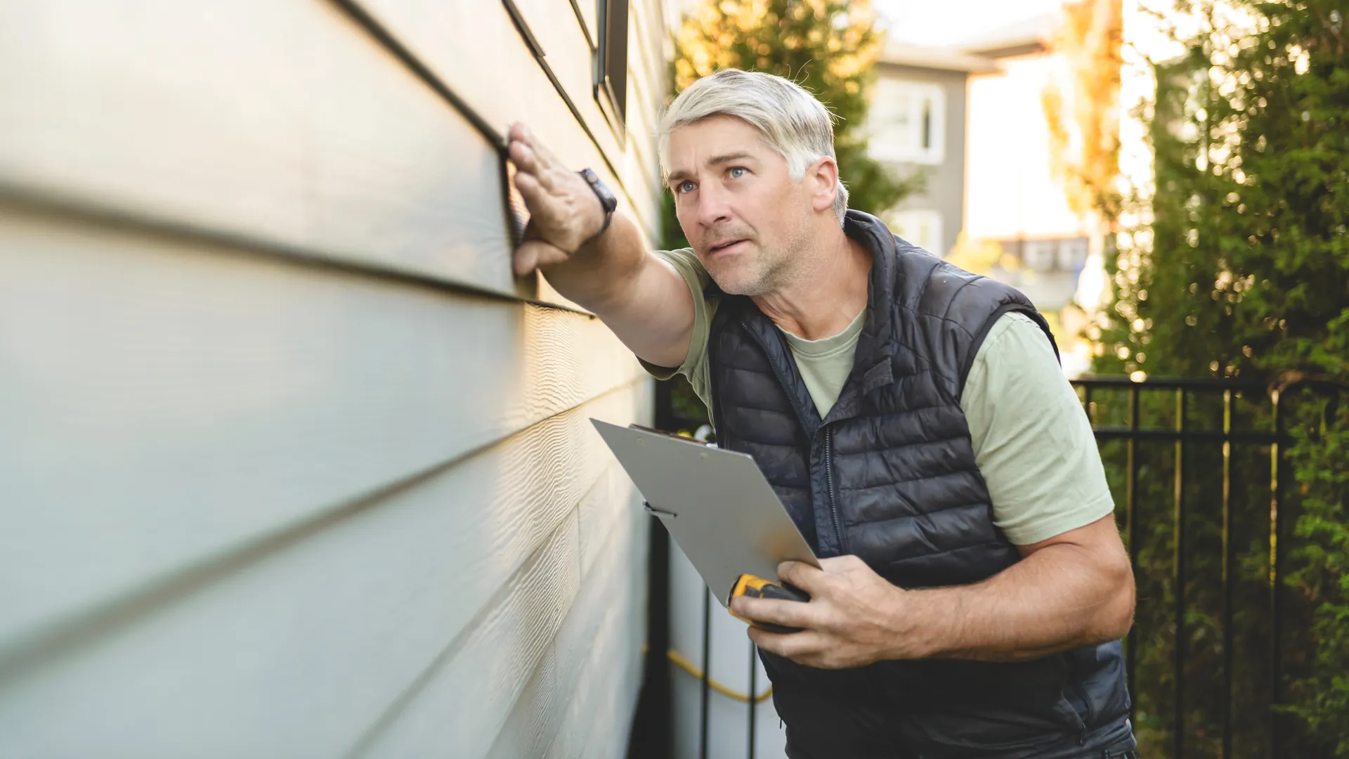 A public adjuster checking a home's siding by hand, clipboard and tape measure in the other