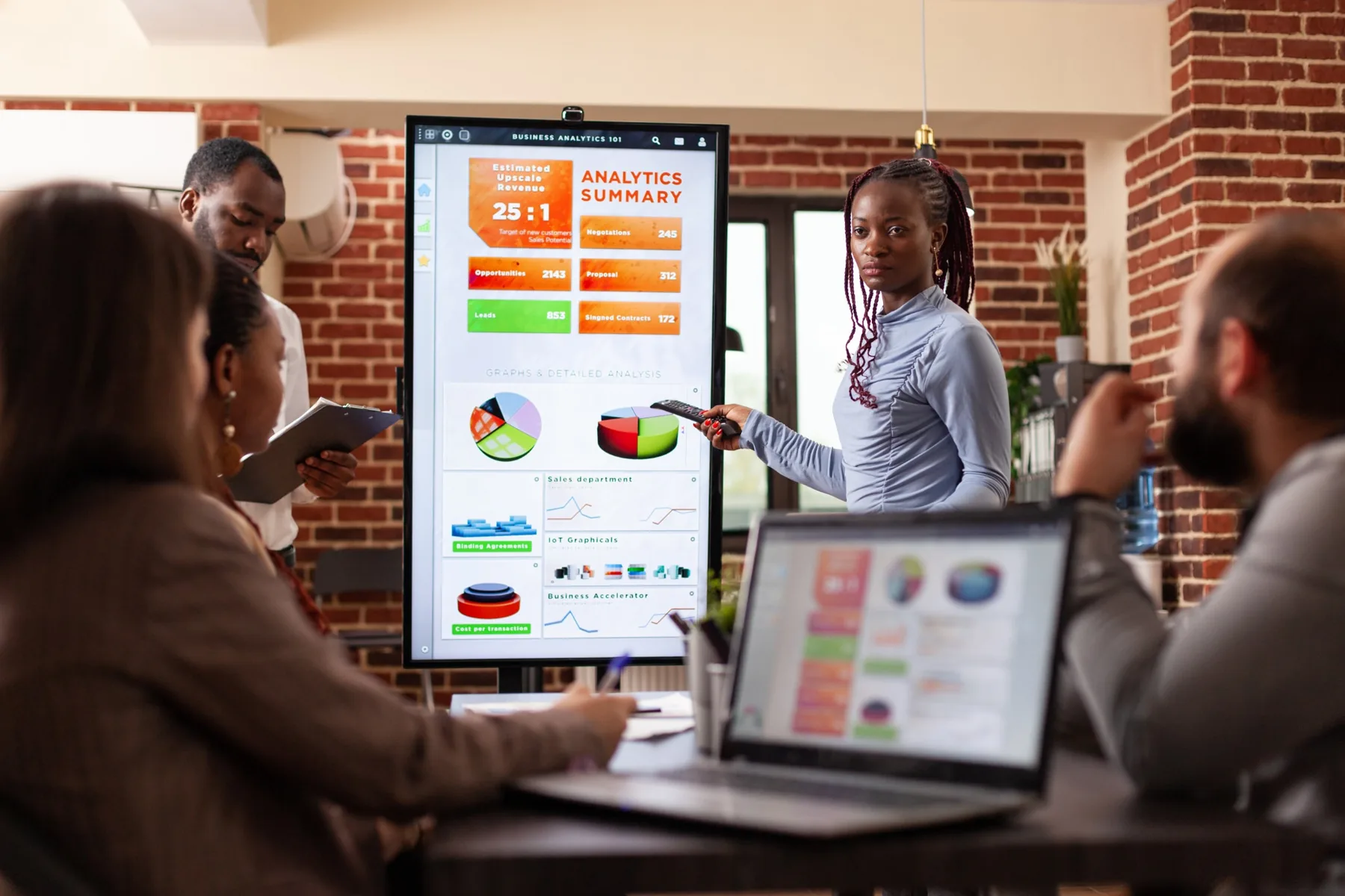 Marketing team reviewing performance analytics and campaign data