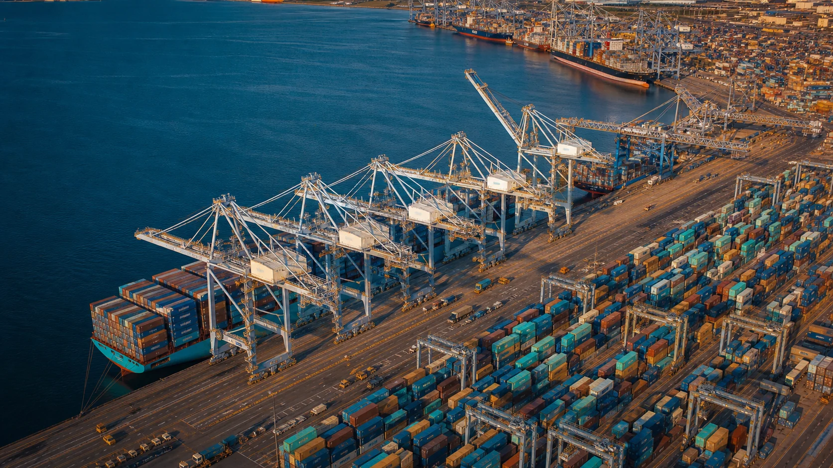 Container cranes and a cargo terminal beside deep blue water