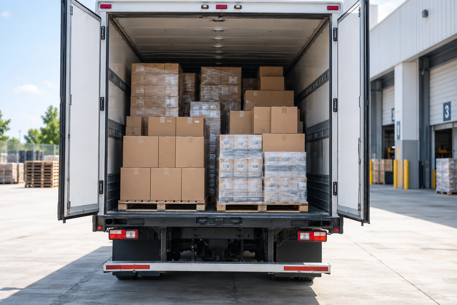 Open delivery truck filled with boxed goods ready to ship