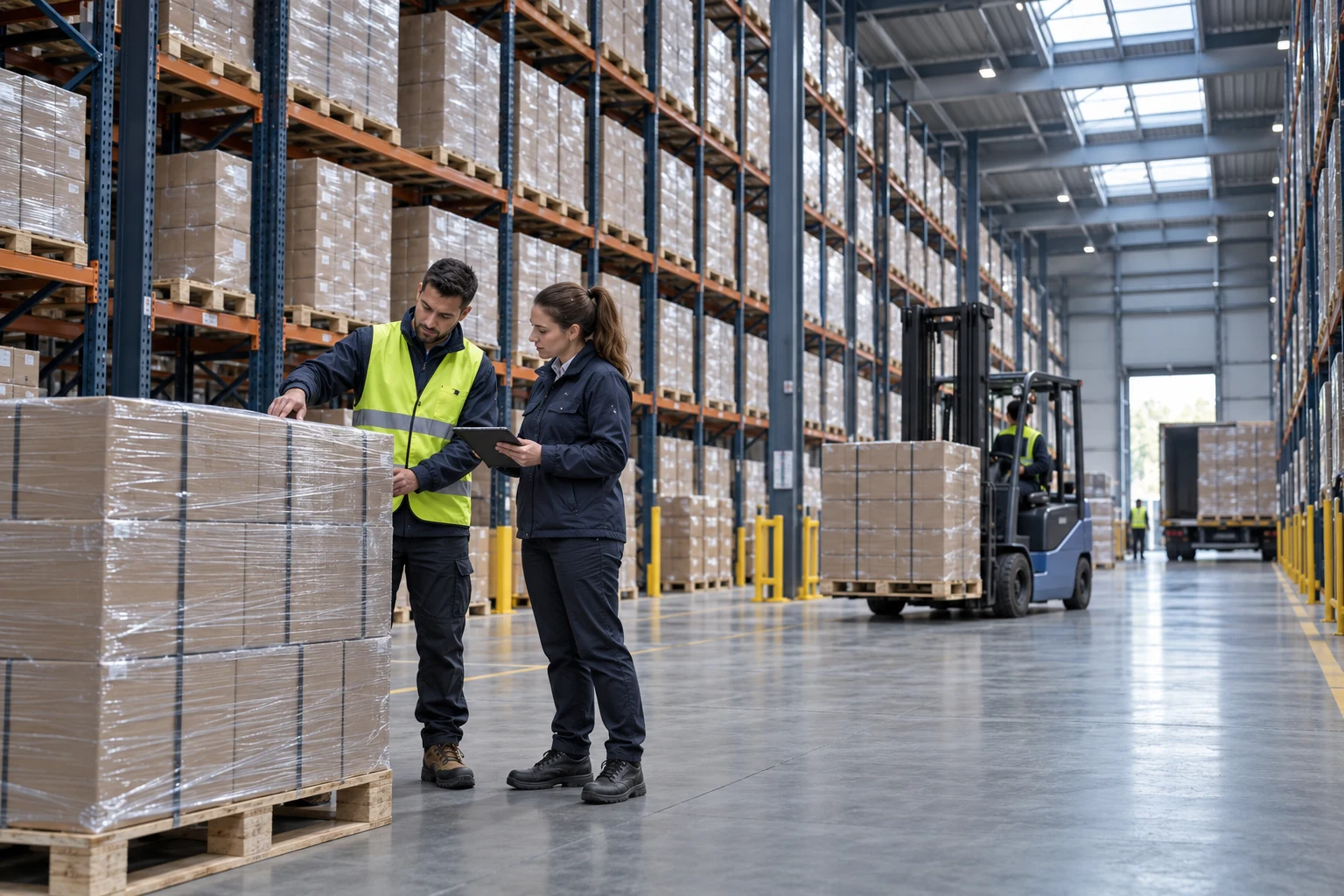 Warehouse colleagues reviewing incoming inventory