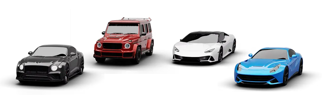Four luxury vehicles: a black coupe, red SUV, white supercar and blue coupe