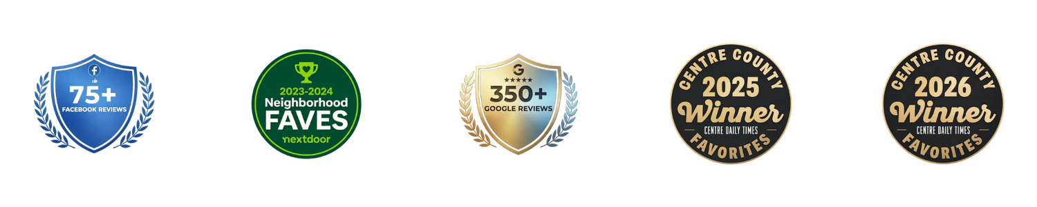- 75+ Facebook reviews - 23 to 2024 Neighborhood Favorites on Nextdoor - 350+ Google reviews - Center County's 2025 Winner badge - Center Daily Times Favorites - Center County's 2026 Winner badge - Center County Daily Times Favorites badge section - Trust badge banner picture