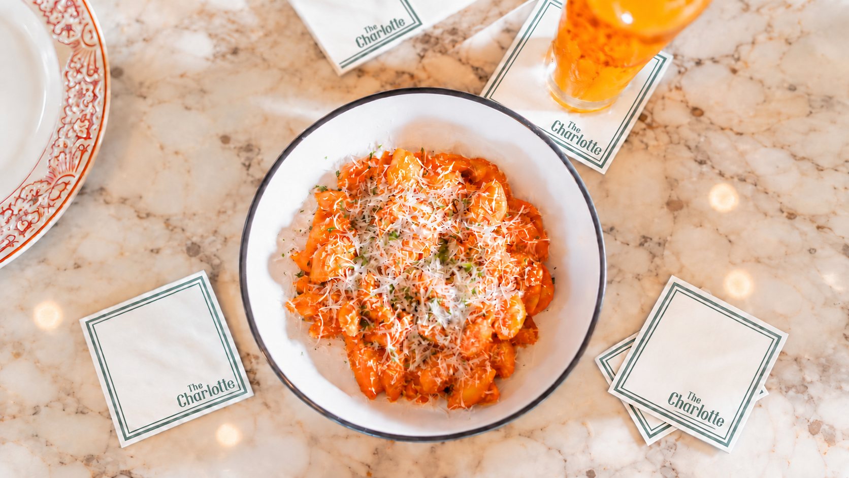 Rigatoni in house tomato sauce on the marble bar at The Charlotte