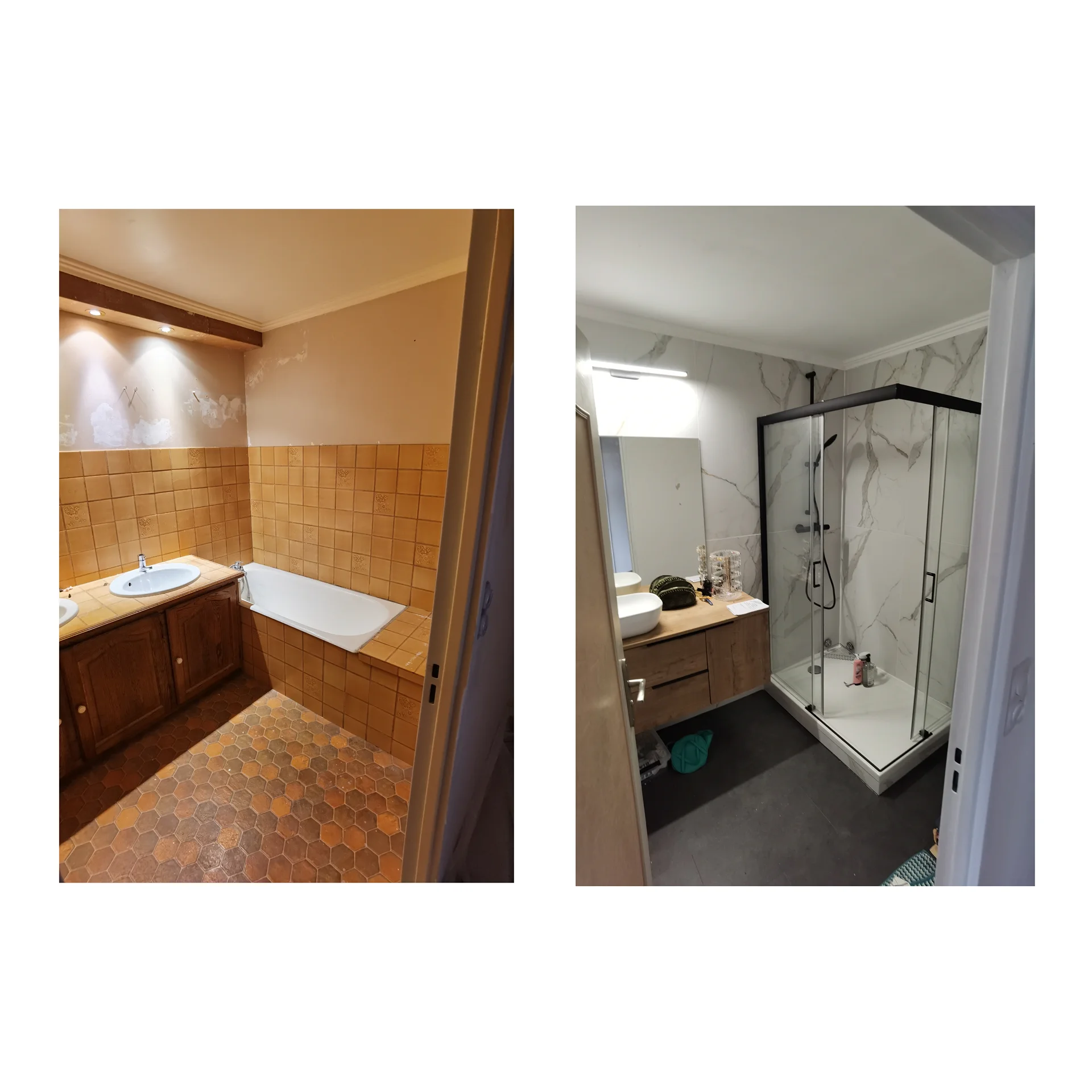 Salle de bain avant et après rénovation par Entreprise Griffon