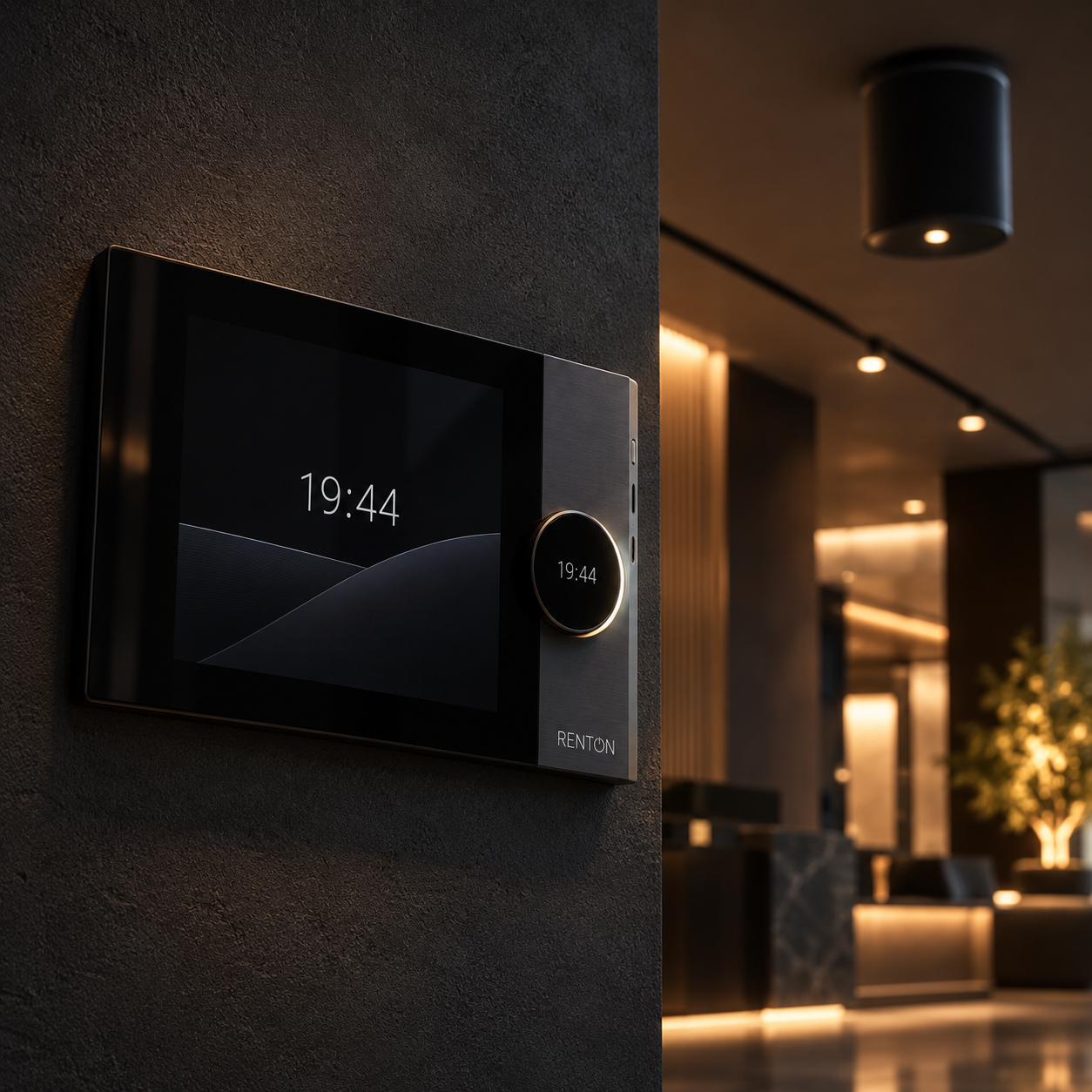 Renton Lunar 8-channel wall-mounted multizone amplifier with touch display in a hotel lobby