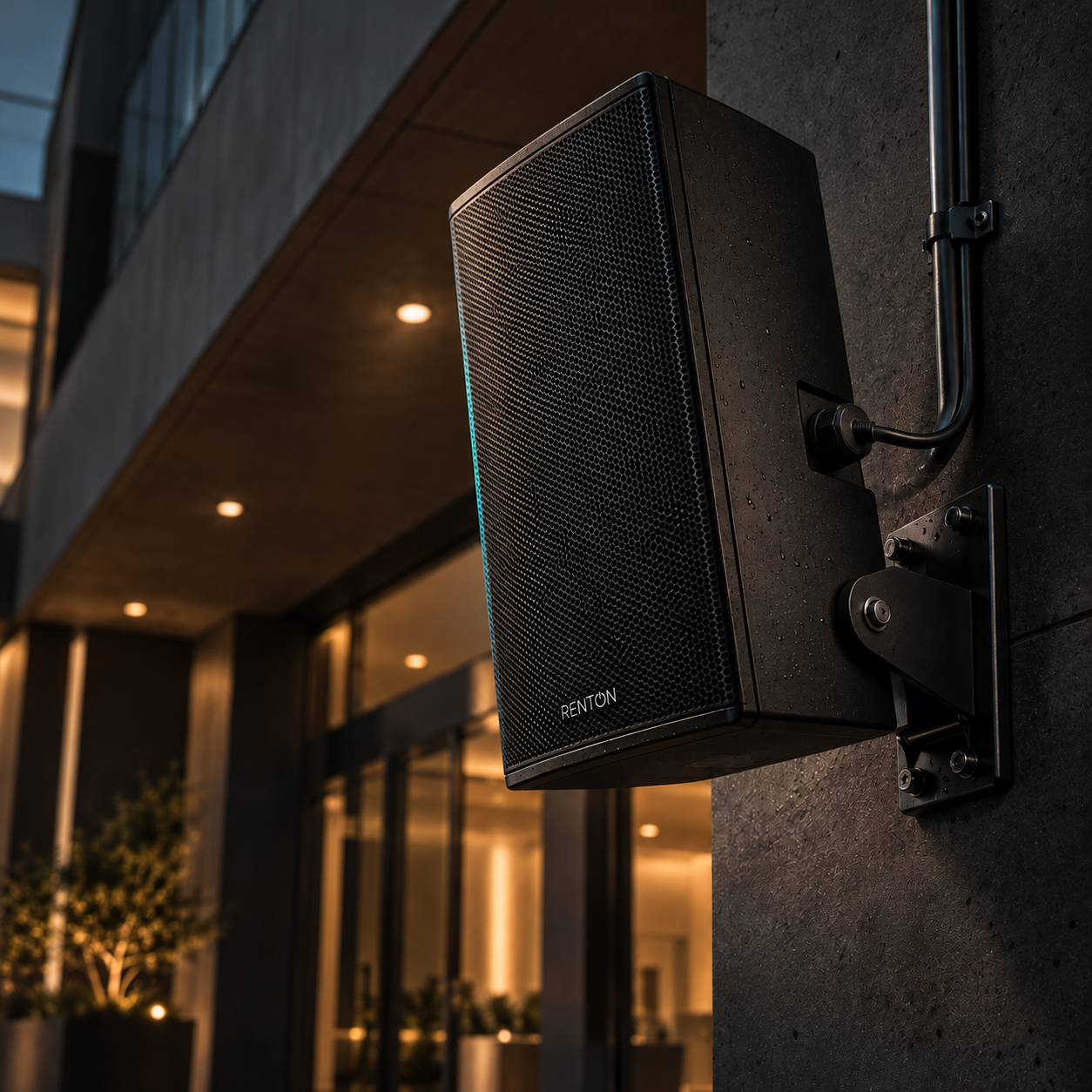 Renton weatherproof installation loudspeaker mounted on the wall of a public building