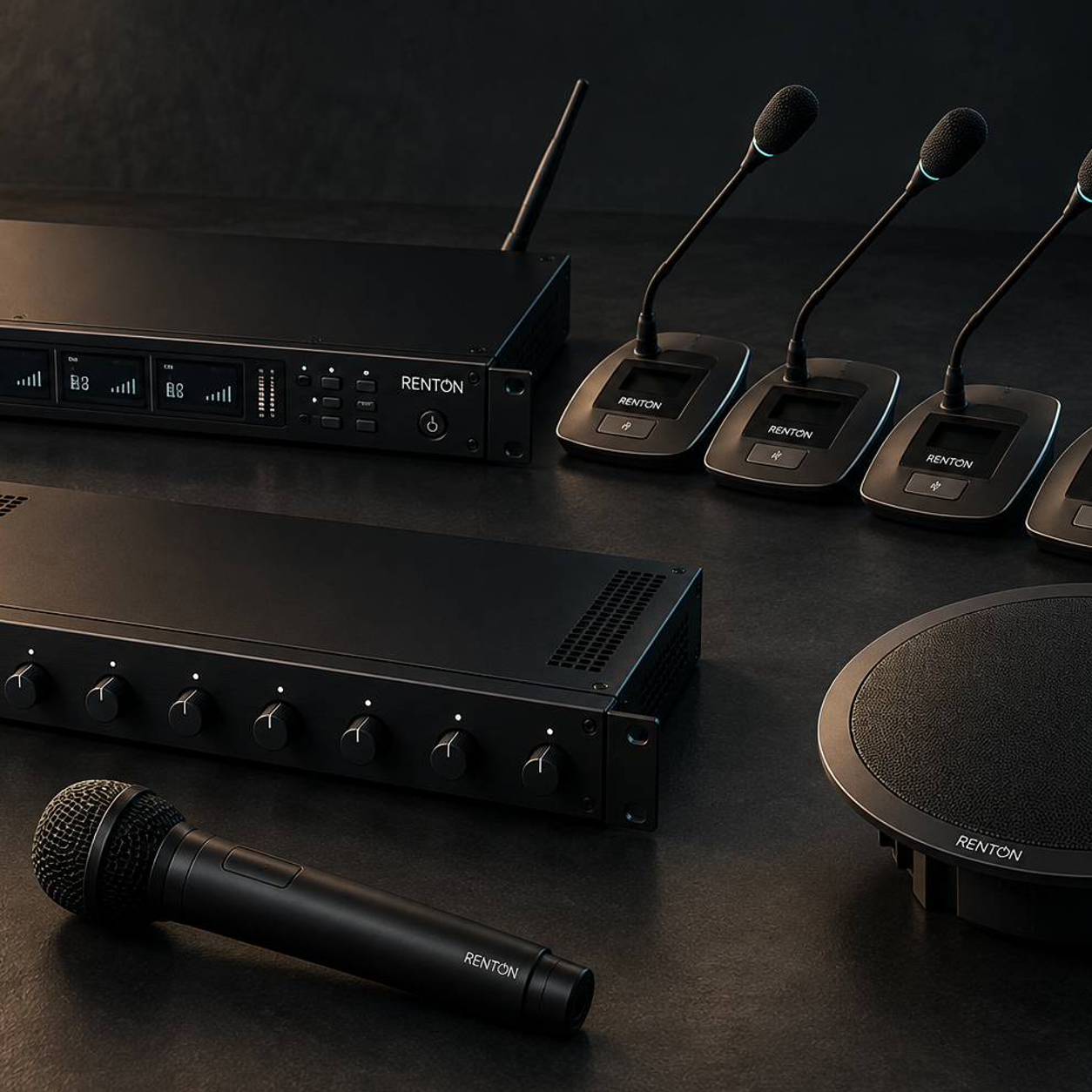 Renton audio range: rack amplifier, ceiling loudspeaker, wireless microphone and rack mixer