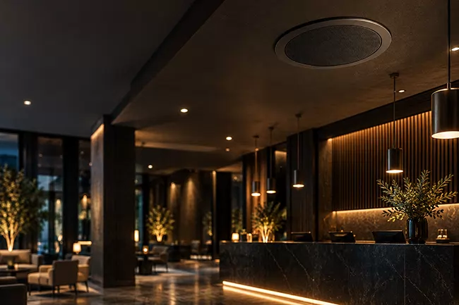 Ceiling loudspeaker in a hotel lobby bar