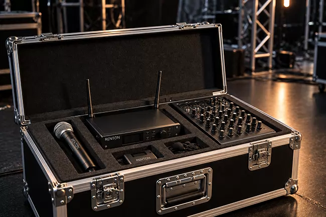 Wireless microphone, receiver and compact mixer in an open flight case