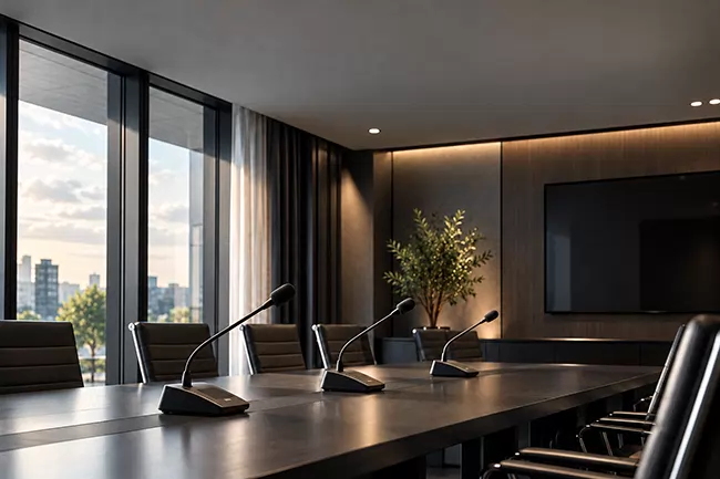 Conference microphone units in a corporate boardroom