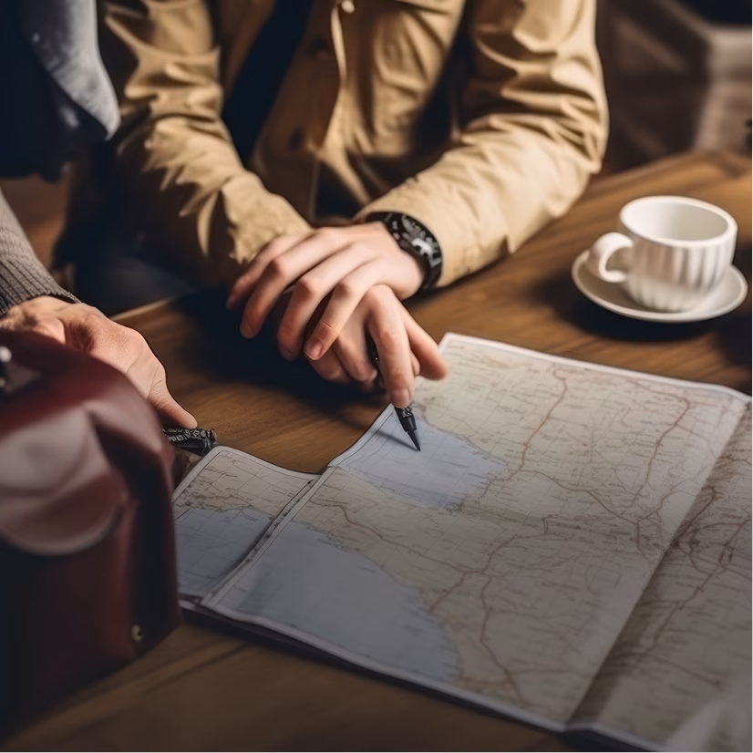 Two people sitting at a wooden table looking at a map, one holding a pen pointing at a location, with a cup and saucer on the table.