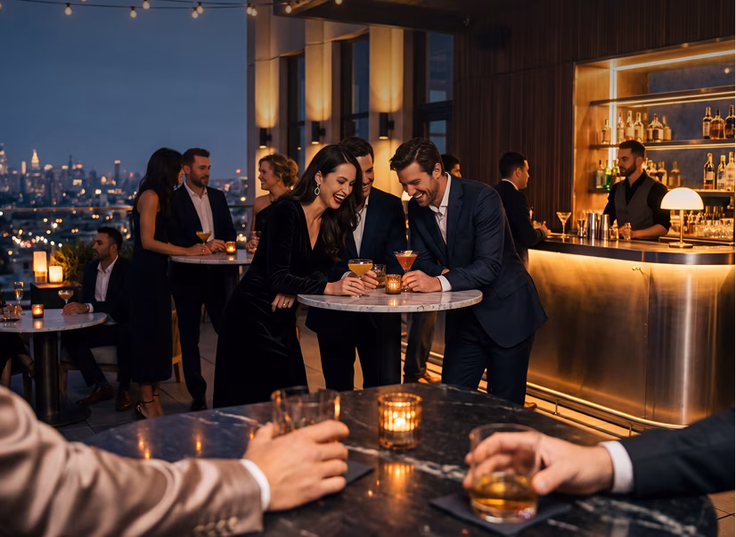 Group of well-dressed people socializing at a rooftop bar in the evening, with city lights visible through large windows, holding cocktails and whiskey glasses near candlelit tables.