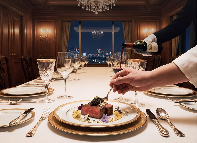 A hand garnishing a gourmet steak dish with caviar using a spoon at a finely set dining table where another hand pours red wine into a glass, with a cityscape visible through a window in the background.