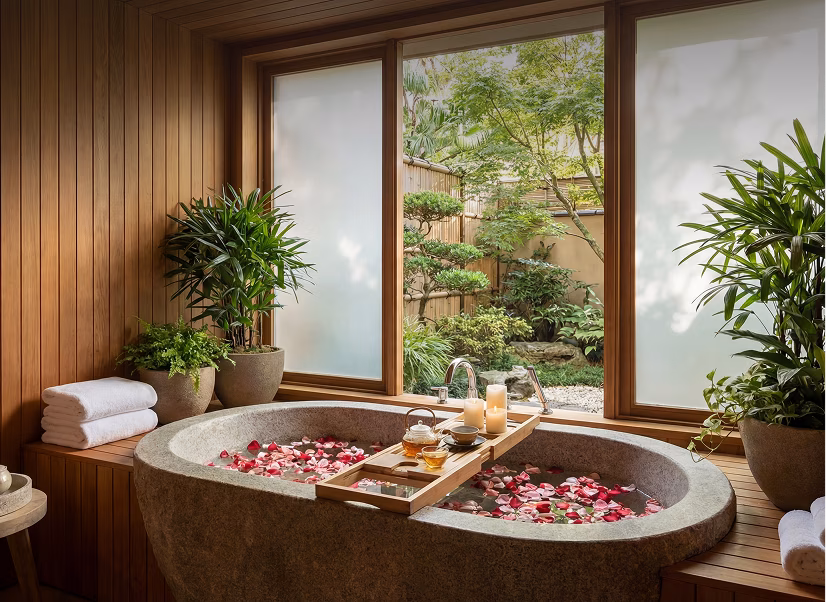 Stone bathtub filled with water and rose petals in a wooden room with large windows showing a green garden, surrounded by potted plants and candles on a wooden bath tray.
