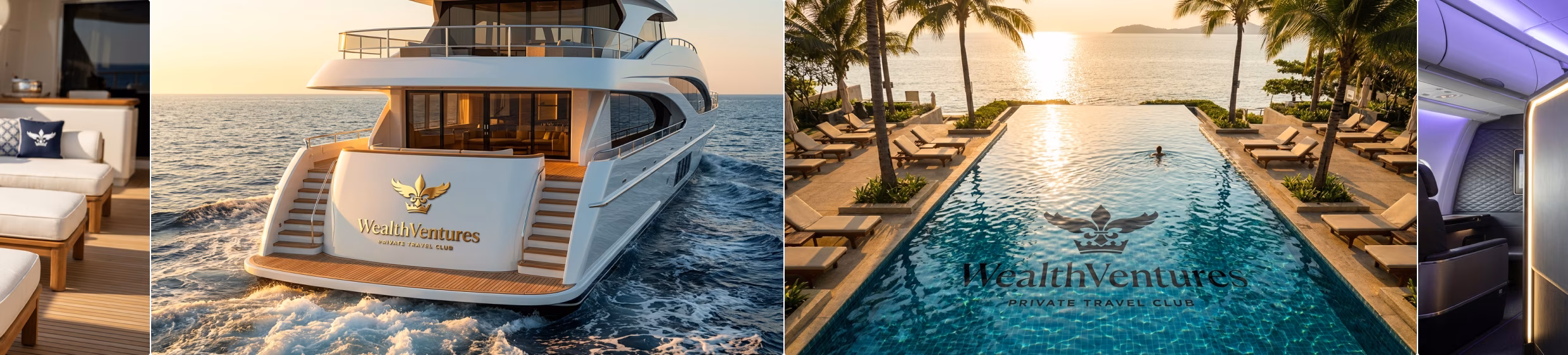 Luxury yacht cruising on ocean at sunset with Wealth Ventures logo on stern, and large infinity pool with palm trees overlooking the ocean at sunset, also featuring Wealth Ventures logo at pool bottom.