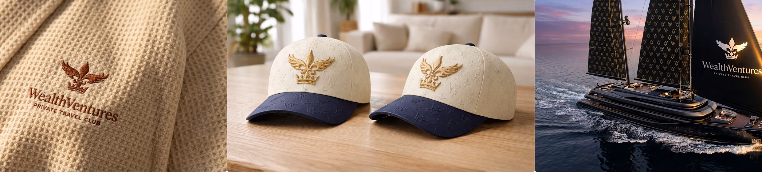 Triptych image showing WealthVentures branded items: close-up of a beige fabric with embroidered eagle logo and text, two beige and navy caps with the same embroidered eagle emblem, and a luxury sailboat with dark sails displaying the WealthVentures logo sailing on calm water at sunset.