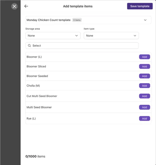 Screen showing Nory dashboard and stock cunt template feature