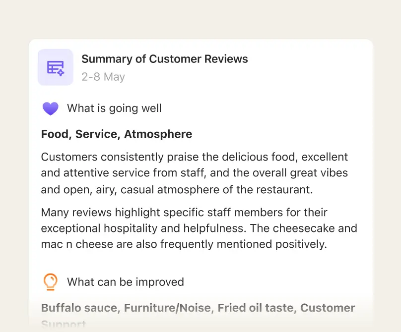 Customer review summary with highlights on food, service, and improvement areas like noise and taste.