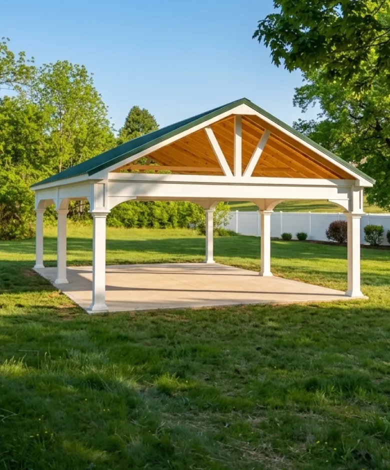 White open-sided pavilion with a peaked green roof and a concrete base.