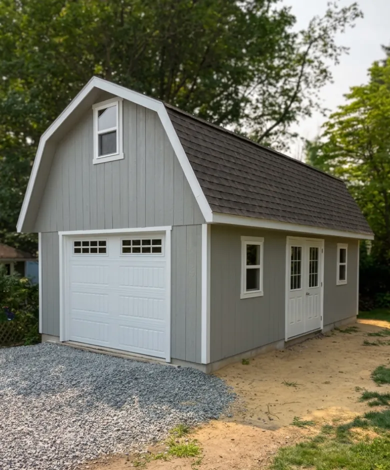 Gray gambrel-roof shed with a white garage door, double entry door, and small windows.