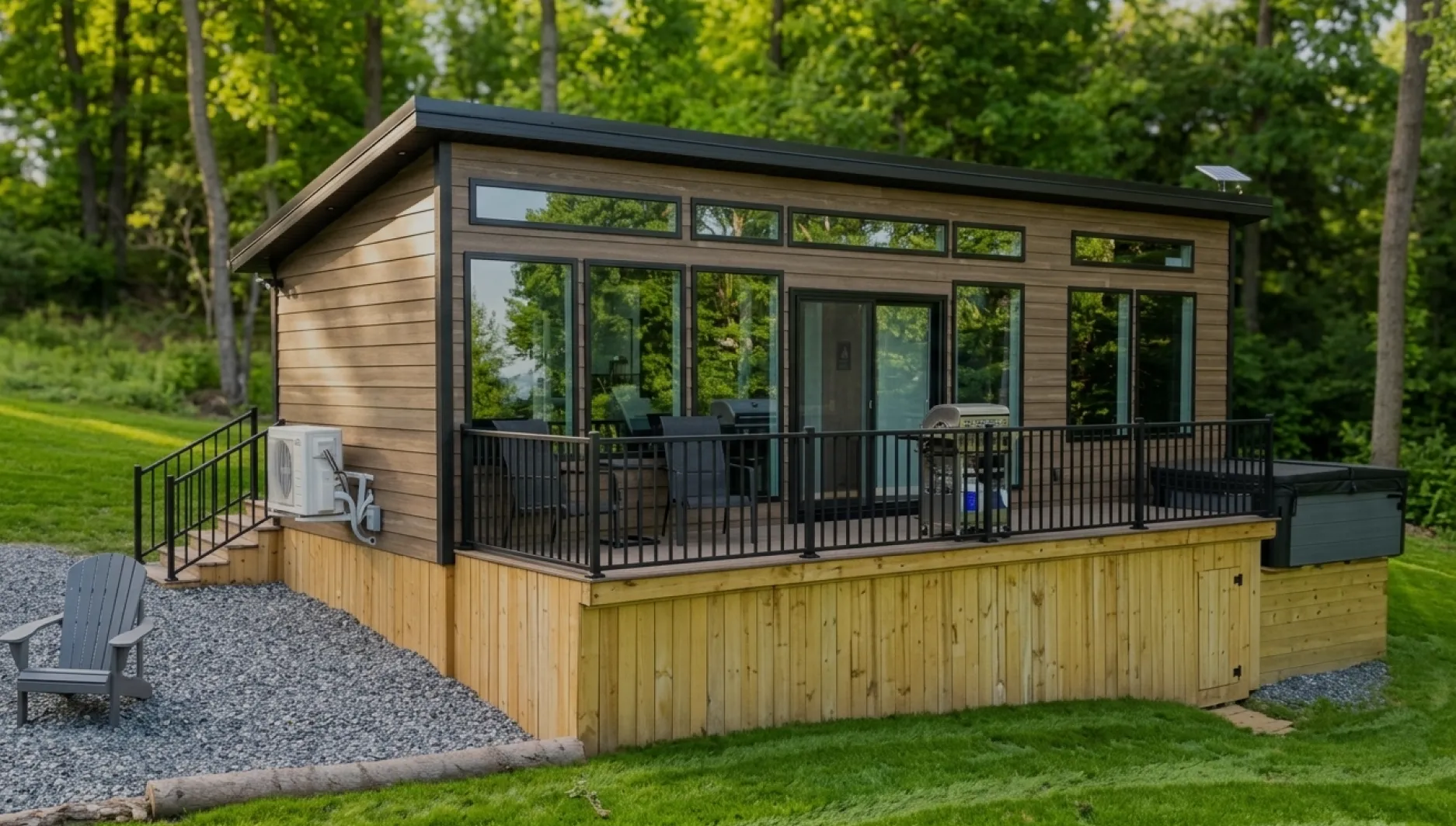 A modern modular cabin with a wood-paneled exterior, glass walls, and a deck featuring outdoor furniture, a grill, and a hot tub.