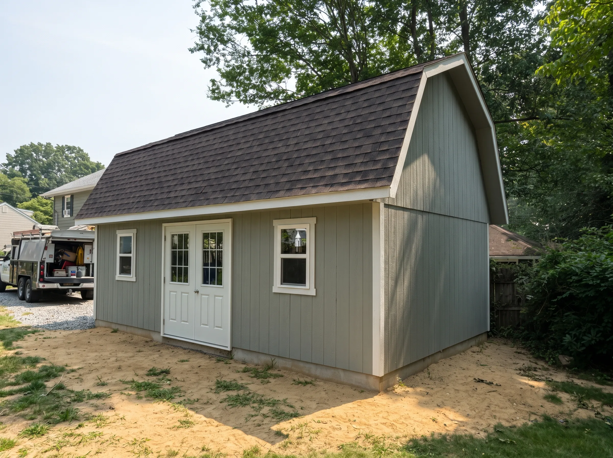 A sage green storage shed with a gambrel roof and white trim, situated on a dirt patch in a backyard.