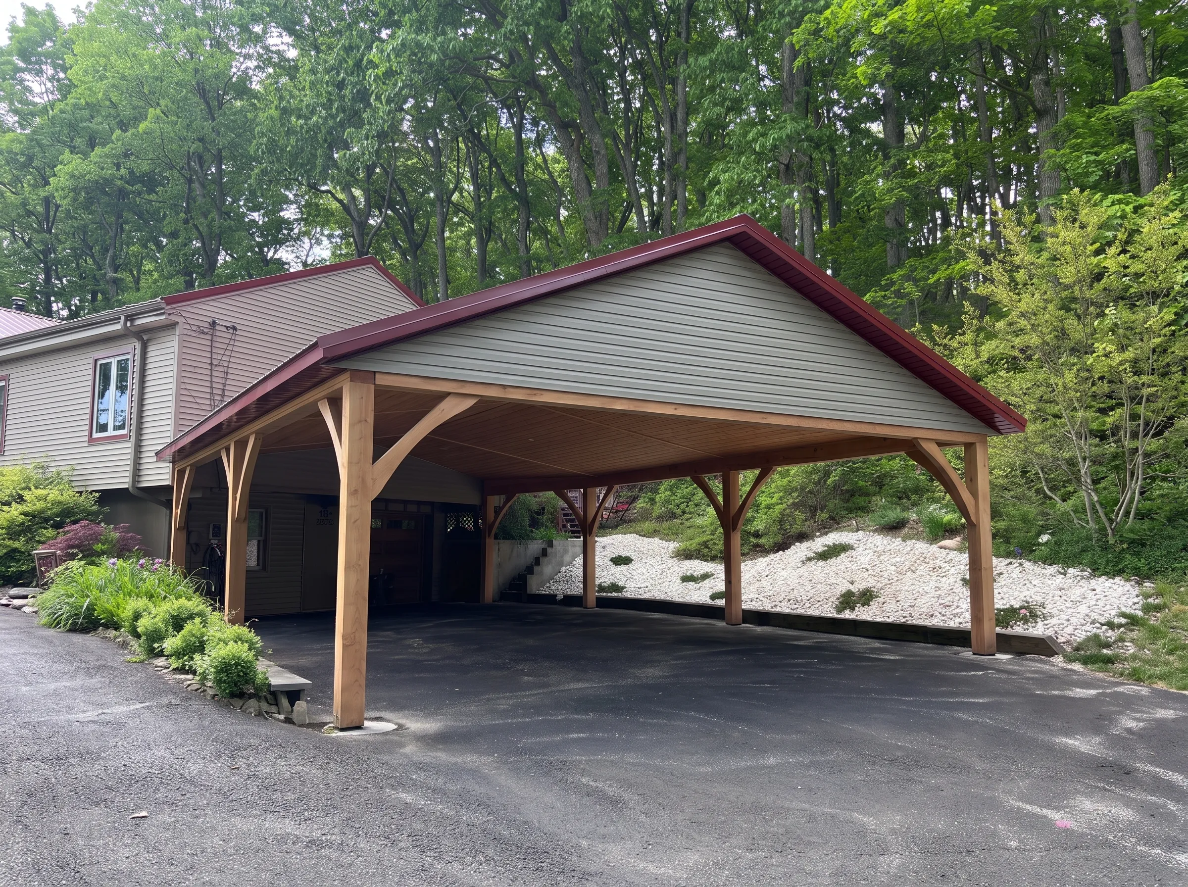 A large wooden carport with a red metal roof attached to the side of a house in a wooded area.