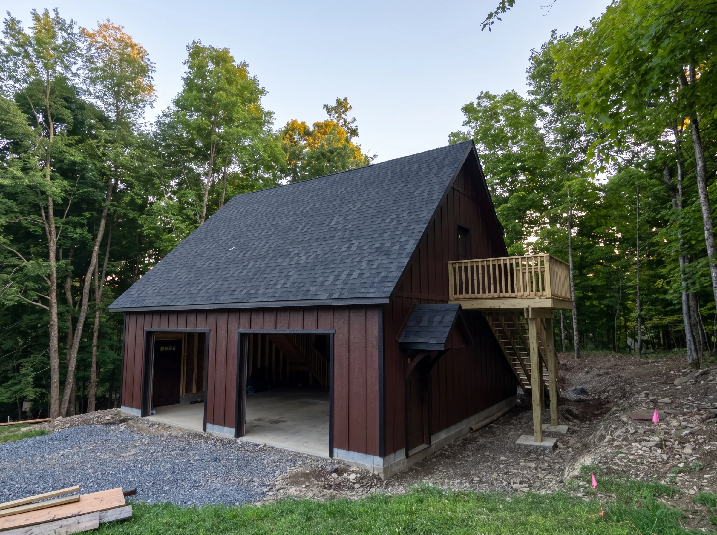 A dark brown two-car garage with a steep gabled roof and an exterior wooden staircase leading to a small balcony.