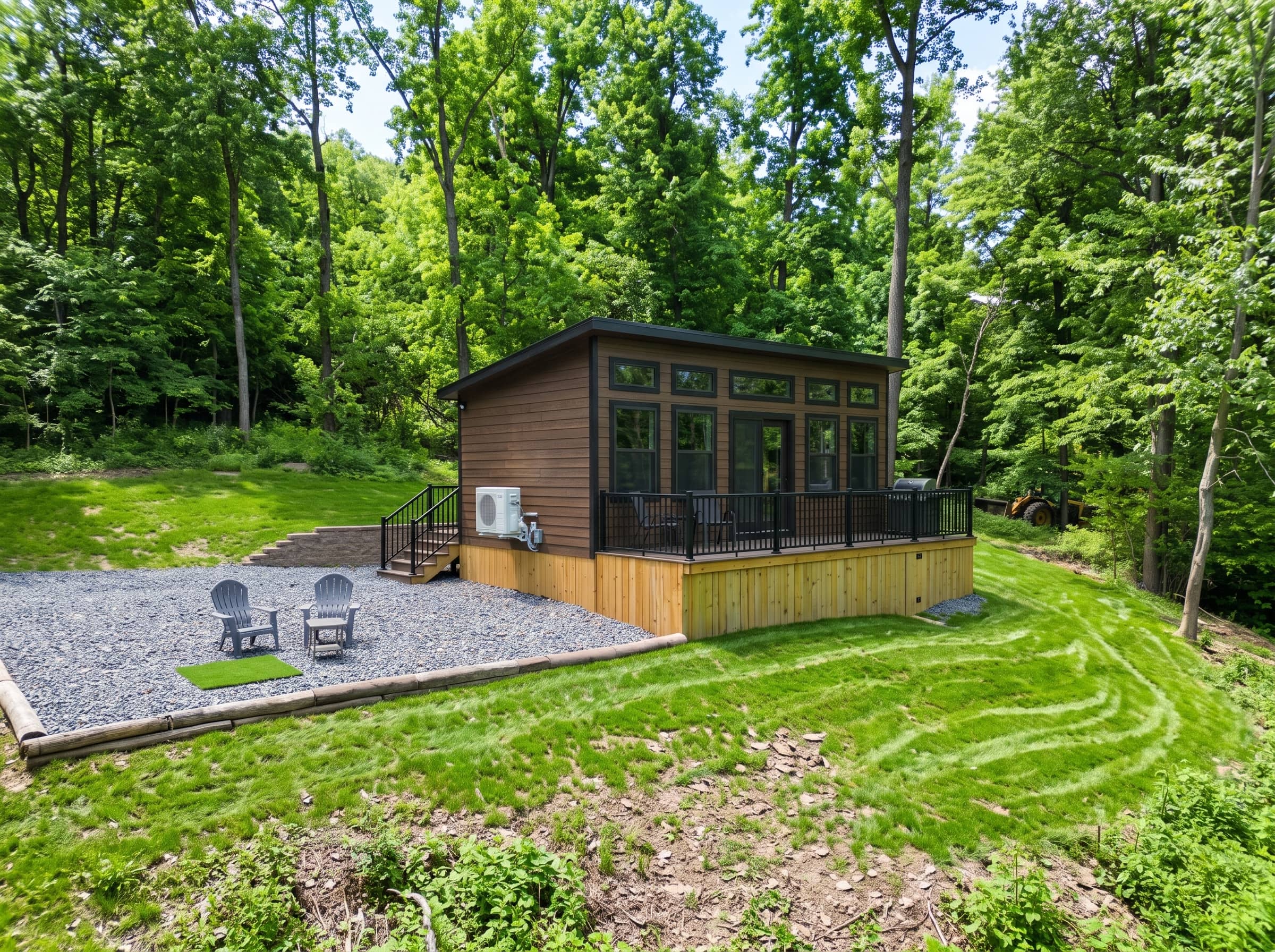 A modern brown cabin with a raised deck and black railings, situated in a wooded area with a gravel patio and two chairs.