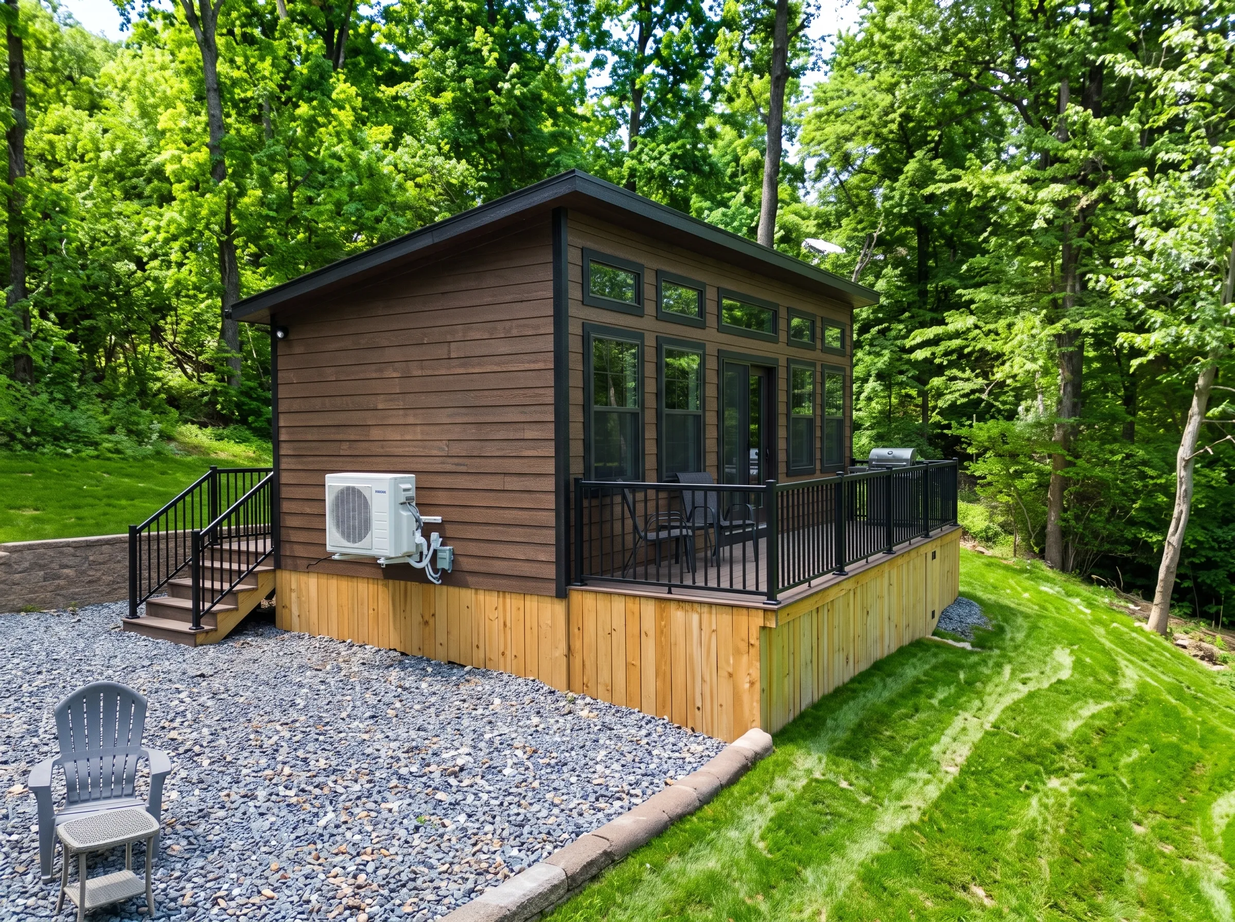 A brown shed with a covered deck, black railings, and an outdoor air conditioning unit, situated in a wooded area.