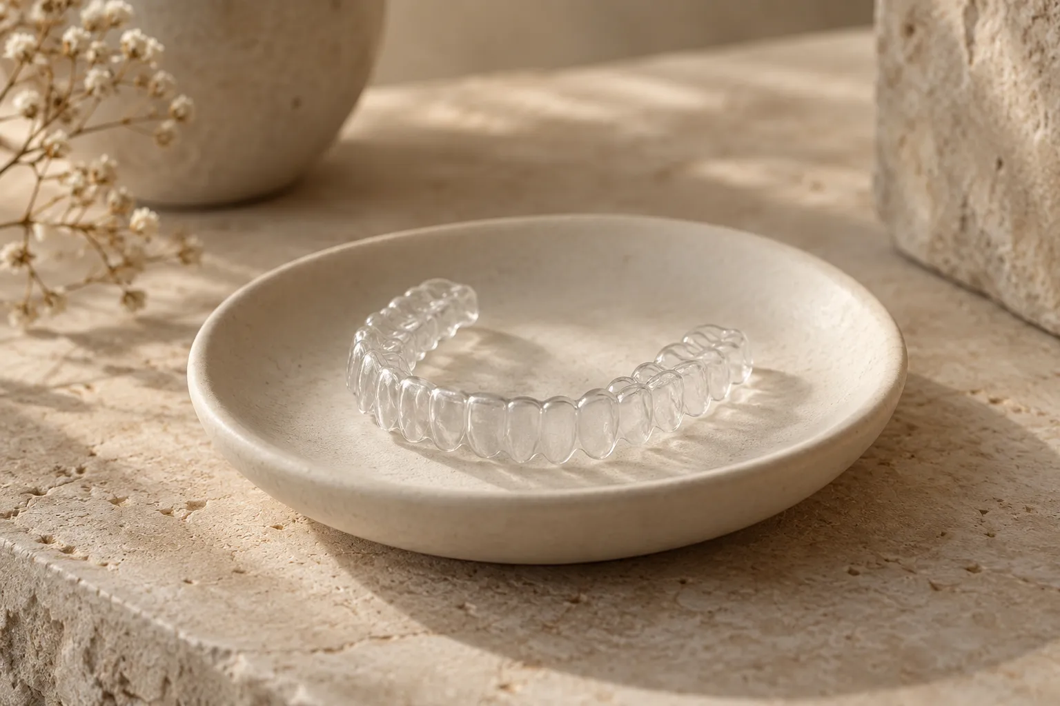 Illustrative clear aligner on a tactile ceramic dish