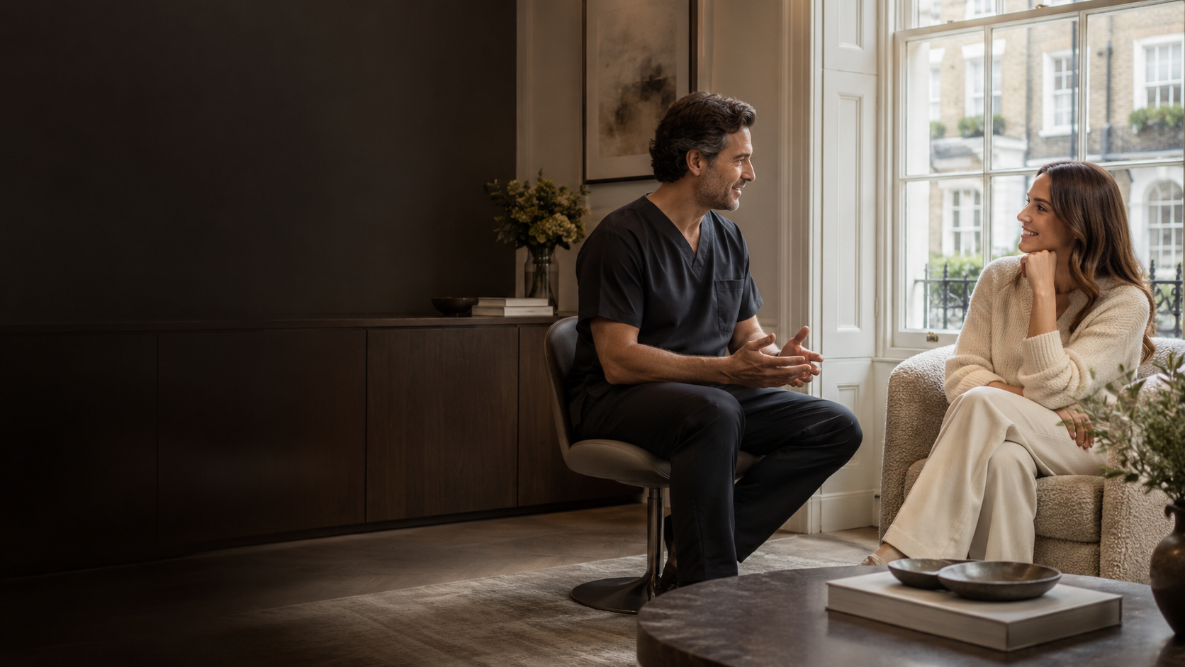 Illustrative scene of a guest and clinician talking in a warm London consulting room