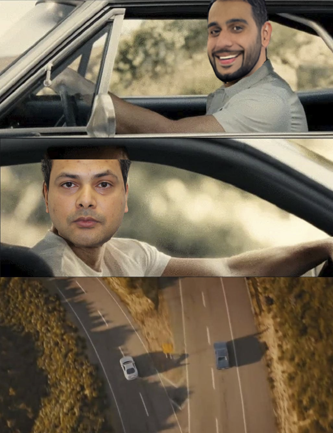 Three-panel image of two men driving cars.