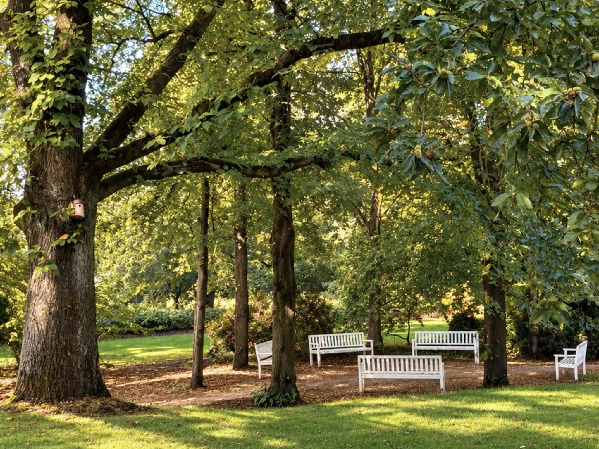 Garden with old trees and seating at LH Hotels Höpkens Ruh in Oberneuland
