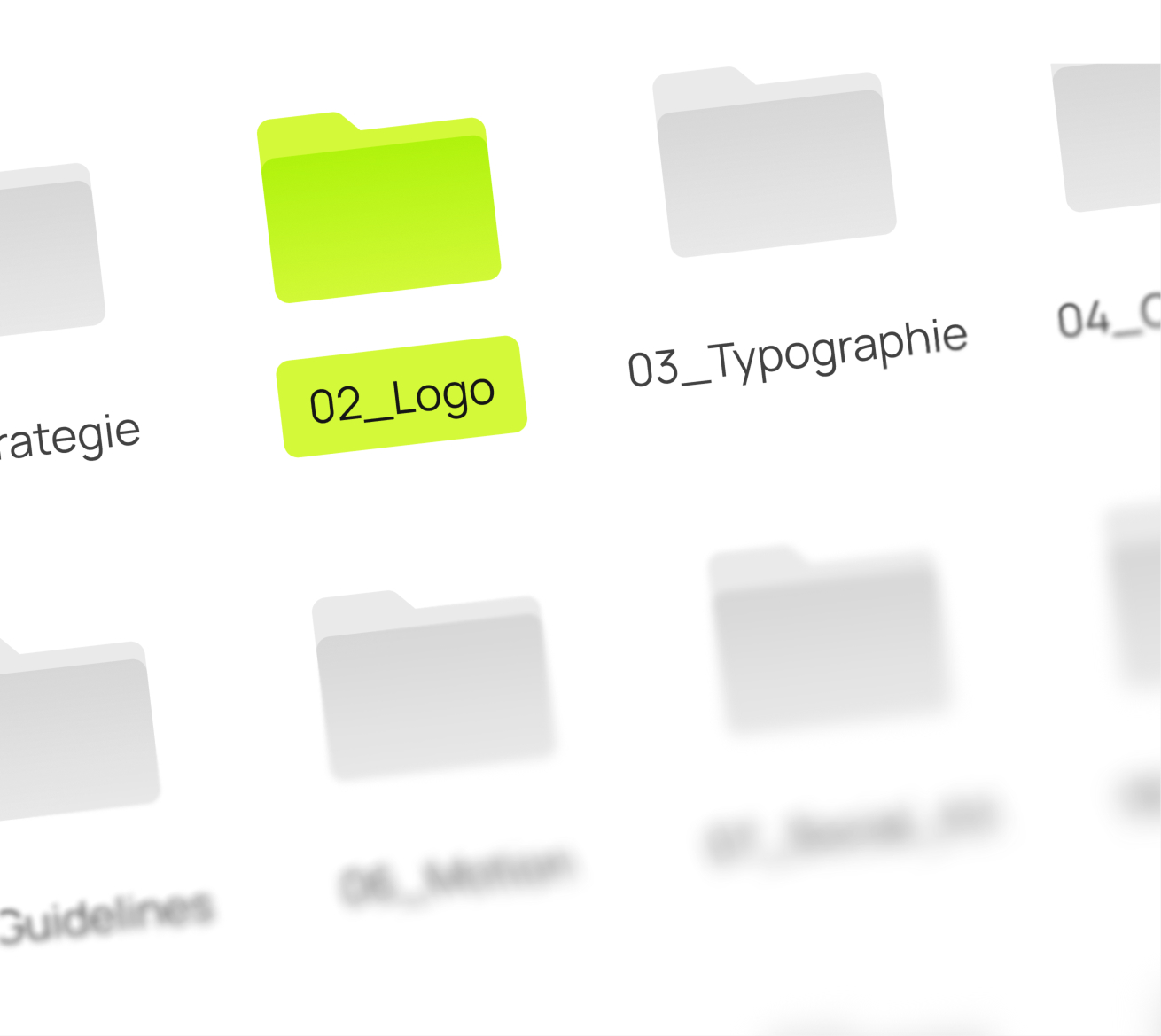 Dossiers de livrables d'une identité de marque : stratégie, logo, typographie, couleurs, guidelines