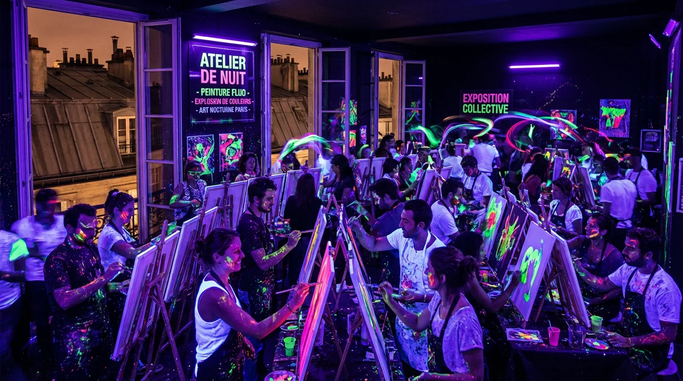 Atelier immersif de peinture dans le noir sous lumières ultraviolettes à Paris