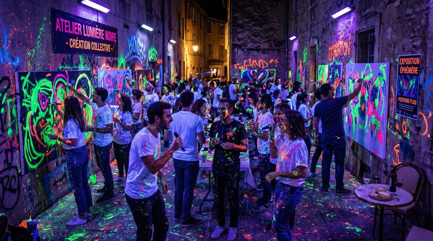 Atelier de peinture dans le noir à Paris sous lumières UV avec peintures fluorescentes