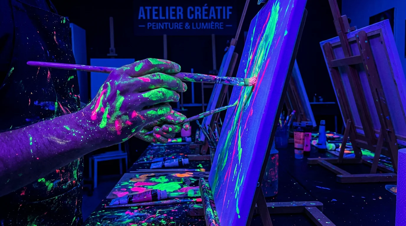 Gros plan de mains peignant avec de la peinture fluorescente sous lumière noire dans un atelier immersif à Paris
