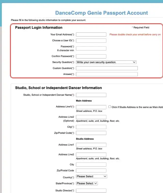 Formular für das DanceComp Genie Passport Account mit Login-Angaben und Angaben zur Tanzschule