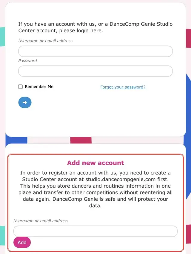 Anmeldeseite von Global Dance Open mit Login oben und dem Bereich Add new account unten
